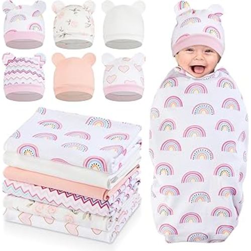 Ramede 6 Sets 100% Cotton Baby Swaddle Blankets Wrap with Hats, Sleeping Nursery Receiving Blanket for 0-3 Months Baby, Soft Breathable Cradle Sheet for Mom Feeding 31.5X 31.5in(Rainbow,Cute Color)