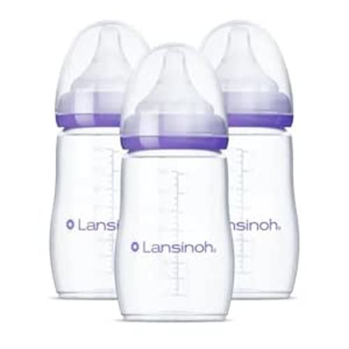 Lansinoh Anti-Colic Baby Bottles for Breastfeeding Babies, 8 Ounces, 3 Count, Includes 3 Medium Flow Nipples, Size M