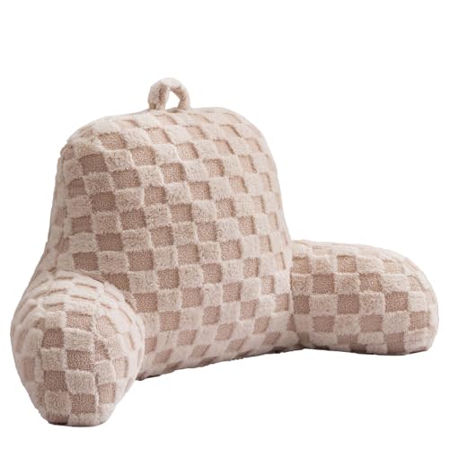 Aimuan Reading Pillow Checkered Bed Rest Wedge Backrest Checkerboard Pillow with Arms Back Support for Sitting Up in Bed Cushion Incline Rest Sleeping Snoring Pillow (Beige,Large)