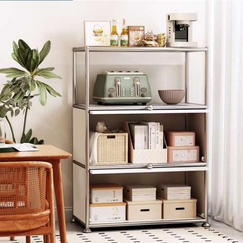 Innovaze 3-Tier Metal Storage Cabinet with Doors and Open Shelf, Modern Space-Saving Organizer for Dining Room or Living Area