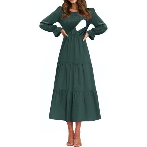 Women's Nursing Dress Flounces Long Sleeve Crew Neck Smocked Bodice Ruched Elastic Waist Tiered Midi with Pockets