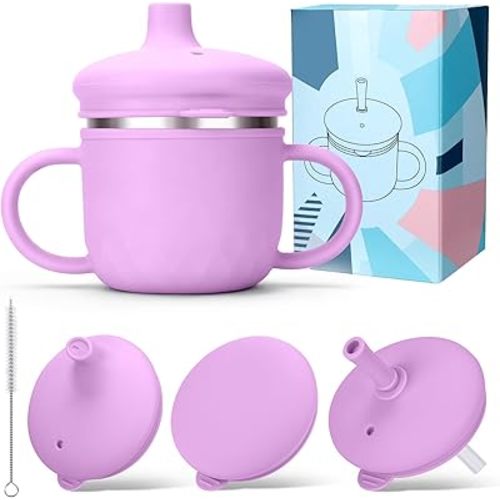 BUSOHA Stainless Steel Sippy Cups - 3 IN 1 Silicone Sippy Cup for Toddlers Baby Straw Cup with Brush Kids Cups with Lid and Silicon Straw Anti-Drop Spill Proof Cups for Travel,8 oz, Purple