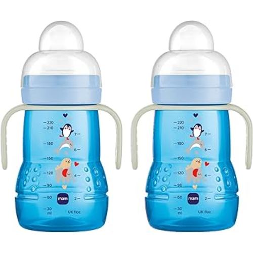 MAM Trainer Sippy Cup for Toddlers 1-3, 8 oz. Transition Drinking Cup with Extra-Soft Spout, Spill-Free Nipple, and Non-Slip Handles, for boys 4+ Months, 2 Count