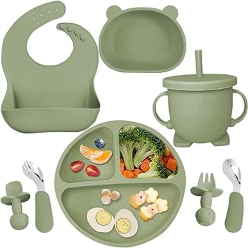 Baby Led Weaning Supplies,8 Pack Silicone Baby Feeding Set, Suction Baby Divided Plate and Bowl Set, Baby Spoon and Fork, Adjustable Bib, Baby Self Feeding Eating Utensils-DarkGreen