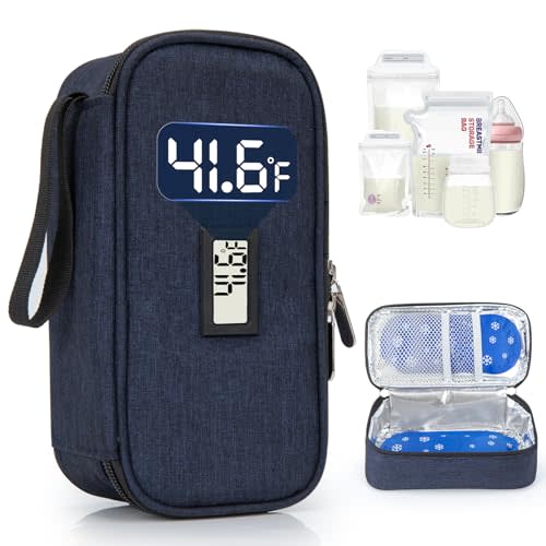 Breast Milk Cooler Travel Bag, Real-Time Temperature Display, Holds 4-6 Breastmilk Storage Bag with 2 Breast Milk Ice Pack, Cooling & Waterproof Portable Cooler for Moms on The Go (Navy Blue)