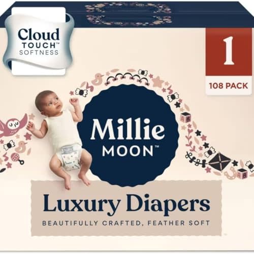 Millie Moon Luxury Diapers – Ultra Soft Cloud Touch Disposable Diapers with 12 Hour Absorbency & Wetness Indicator (1-108ct)