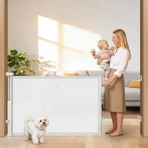 2Pack Retractable Baby Gates for Stairs, 58" Extra Wide Mesh Dog Gate for Doorways, Home Saftey Gate for Child Toddler Pet, Indoor and Outdoor Use, Easy Install, 34" Height, White