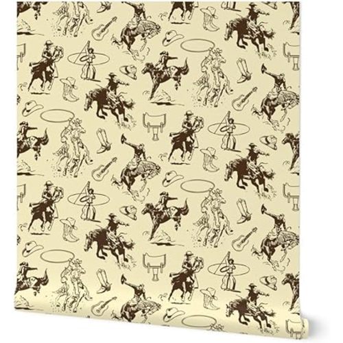 Spoonflower Peel & Stick Wallpaper 6ft x 2ft - Cowboy Cowgirl Horse Lovers Horses Bronc Riding Roping Rodeo Western Theme Country Custom Removable Wallpaper