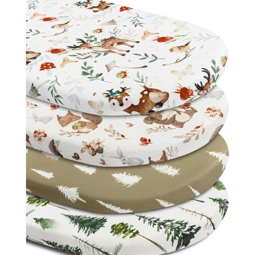 4 Pack Bassinet Sheets Woodland Forest Animals Wood Neutral Unisex Fitted Baby Bassinet Sheets Set for Standard Bassinets for Baby Boys or Girls