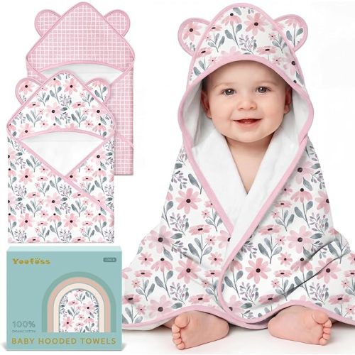 Hooded Baby Towels for Newborn 100% Organic Cotton Baby Bath Towel with Hood for Babies, Infant, Toddler and Kids, 32x32Inch, Soft and Absorbent Newborn Essential