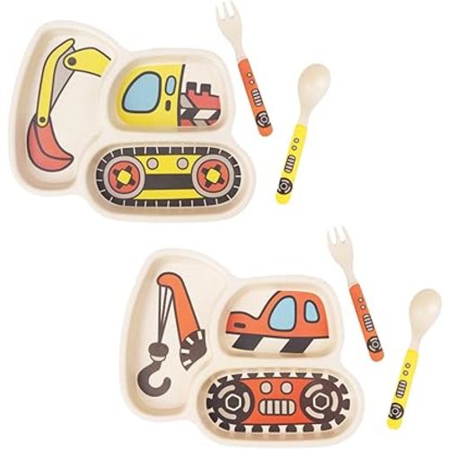 Kid Plate Set Toddler Plates Dinnerware Dinner Dish Set Baby Feeding Spill Proof Divided Plate - Baby Spoon and fork 3-Piece Set Teaches Child Portion Control (excavator/crane)