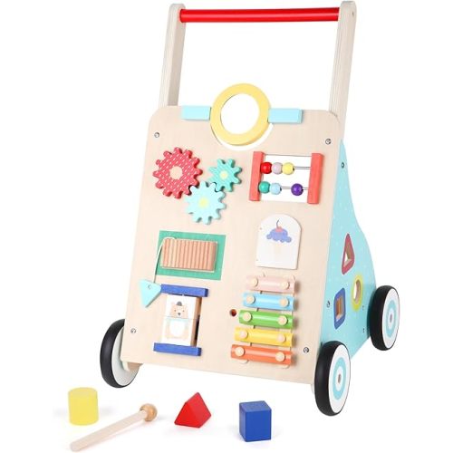 Asweets Wooden Baby Walker Push and Pull Learning Activity Walker Kids’ Activity Toy Multiple Activities Center Develops Motor Skills & Stimulates Creativity(Color)