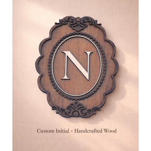 Personalized Wooden Monogram Wall Decor in Scalloped Frame, Vintage French Style Initial Sign, Rustic Cottage Entryway Letter