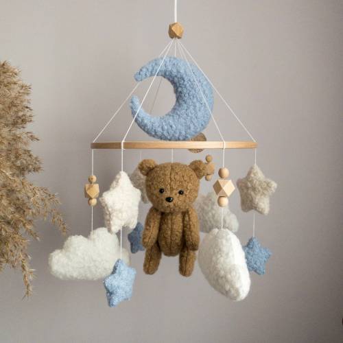 Boucle Blue Baby Mobile Teddy Bear Crib Mobile Boucle Nursery Mobile Clouds Baby Mobile Boucle Nursery Decor Baby shower gift Baby boy gift