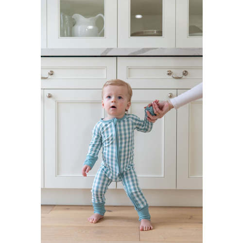 MUTED TEAL GINGHAM | ZIPPER ONE PIECE. Size: 6-12 months