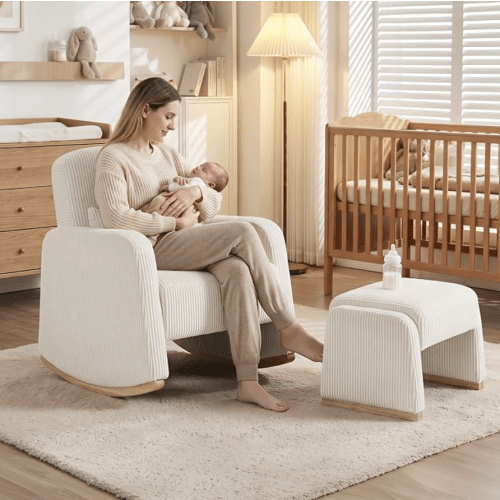 Rocking Chair with Ottoman, Corduroy Nursery Glider Rocker with High Backrest, Accent Reading Chair for Adult,Bedroom,Living Room,Offices,Beige