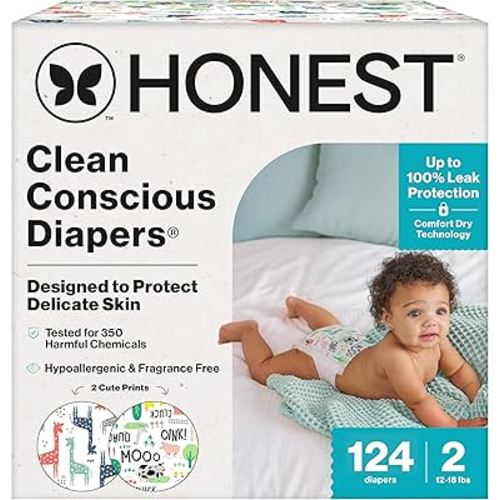 The Honest Company Clean Conscious Diapers for Delicate Skin | Up to 100% Leakproof | Hypoallergenic, Fragrance Free | Gender Neutral | Super Club Box, Size 2 (12-18 lbs), 124 Count (Prints May Vary)