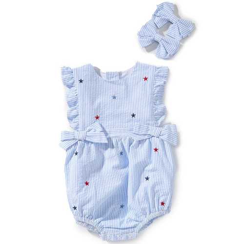 Adventurewear 360 Baby Girls Star Print Seersucker Bow Romper & Hair Bows