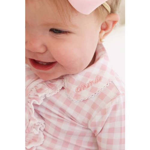 Peter Pan Collar Ruffle Zipper Footie in Rosy Gingham | Caden Lane