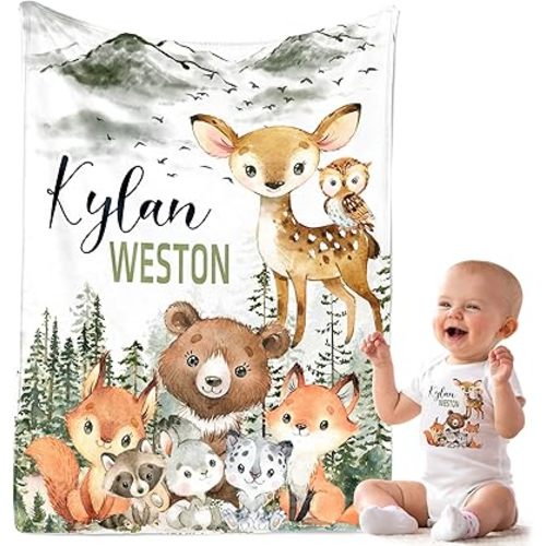 MDPrints Global Personalized Baby Blankets for Boys - Customized Baby Blanket with Name - Newborn Nursery Gift - Soft Plush Fleece (Woodland 248)