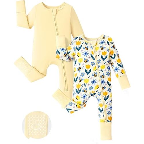 PATPAT Baby Footie Romper, Viscose from Bamboo, Long Sleeve, 2-Way Zipper, Fold-Over Mittens, Cuffs & Anti-Slip Grips