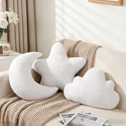 Cumule 3 Pack Cloud Moon Star Shaped Throw Pillows 16 Inch | White Soft Plush Decorative Pillow Set for Nursery Kids Room Bedroom Couch and Boho Celestial Decor
