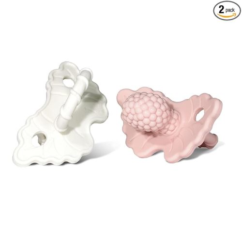 RaZbaby RaZberry Silicone Teether Pacifier – Teething Relief for Infants, Food-Grade, BPA-Free, Hands-Free, Natural Berrybumps Fruit Texture for Sensory Development, Freezable, 2-Pack - Pink & White