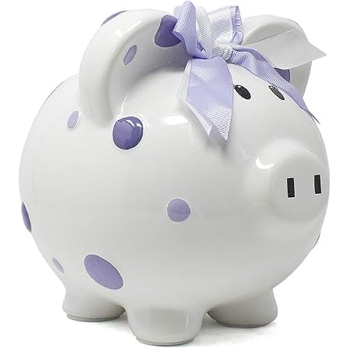 Child to Cherish Ceramic Polka Dot Piggy Bank for Girls, Purple