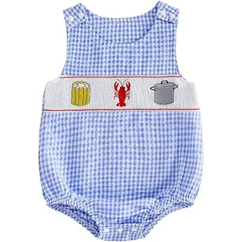 Baby Boy Smocked Bubble Romper Crawfish Sailboat Beach Outfit Sleeveless Bodysuit Newborn Infant Overalls Clothes