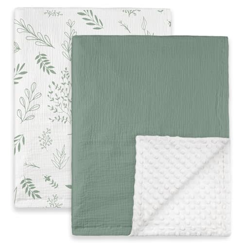 GLLQUEN BABY Blankets for Unisex Boys Girls, 2-Pack Muslin Cotton Front Soft and Breathable, and Dotted Fleece Backing, Printed Bed Nursery Minky Blankets for Toddler Newborn, Greenery,30 x 40 inches