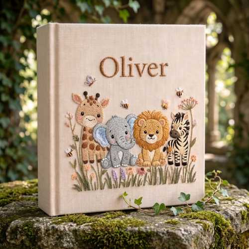 Safari Animal Baby Memory Book, Personalized Embroidered Linen Photo Album, Elephant Deer Lion Zebra Newborn Keepsake Gift