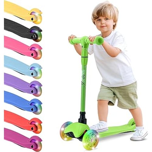 Hurtle Mini Kickboard 3 Wheel Scooter for Kids Ages 2-5 – Lean-to-Steer Toddler Scooter with Light-Up LED Wheels, Adjustable Height & Rear Foot Brake for Boys & Girls, Anti-Slip, Indoor/Outdoor