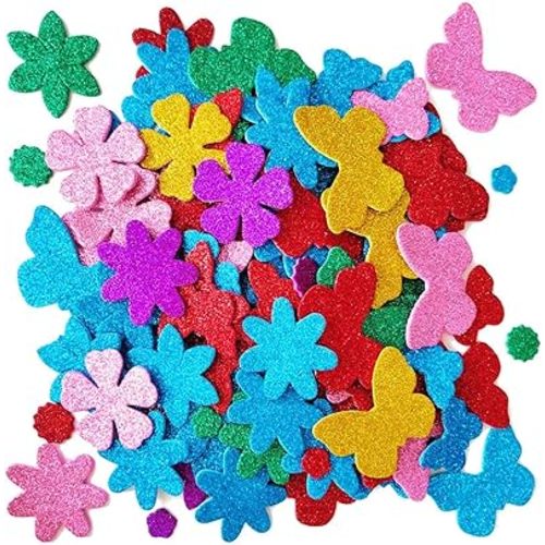 Glitter Foam Flower and Butterfly Shapes Stickers, Self-Adhesive Stickers Kid's Arts Crafts Supplies for Greeting Cards DIY Scrapbooking Cards Creative Toys Home Decoration (Random Colors)