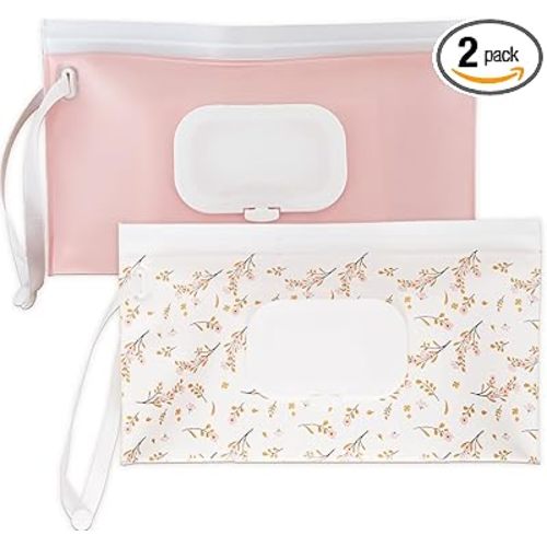 eoscasely Wipe Dispenser and Wipes Container, 2 Pack Reusable Wipes Holder and Travel Wipes Case, Refillable Pouch for Baby Essentials, Pink & Leaf Design (pink)