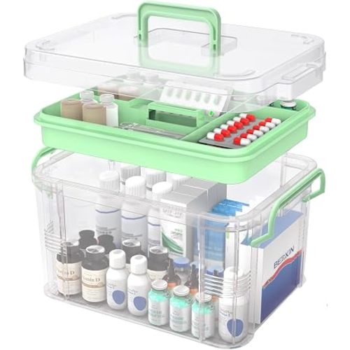 NZYNZY 15QT Clear Medicine Organizer Storage Box with Handle Medicine Container with Tray, Thickened Plastic Empty First Aid Box, Multipurpose Medical Medication Caddy Container Chest