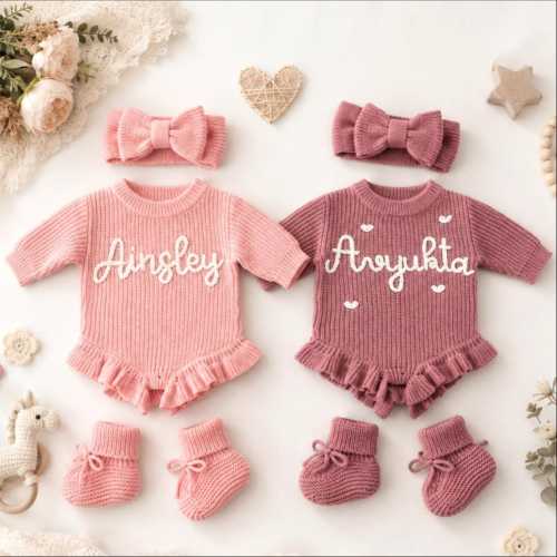 Personalized Name Knit Baby Romper Set, Hand Crocheted Cotton Newborn Outfit for Girls
