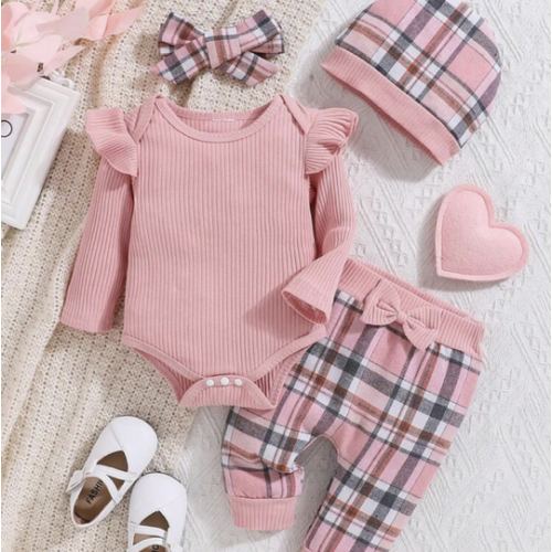 2pcs Baby Girl Autumn/Winter Pink Romper, Plaid Pants And Hat Set | SHEIN USA