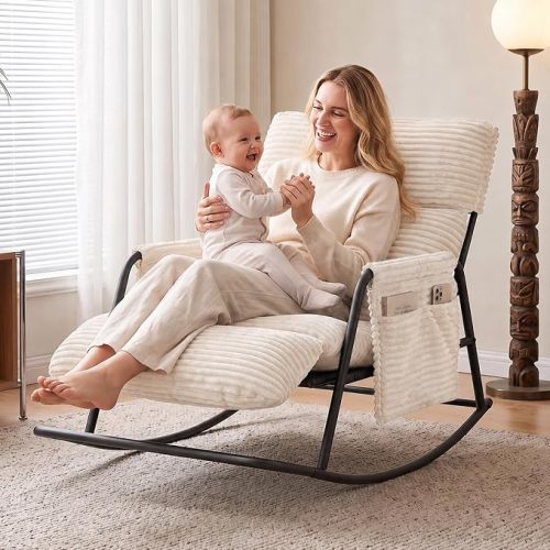 Nursery Rocking Chair with Footrest, 450 Lbs Capacity Heavy Duty Steel Frame, 5-Position Adjustable Backrest Nursing Chair for Leisure, Modern Corduroy Rocker with Side Pockets, Beige