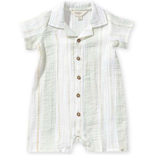 Burt's Bees Baby Boys Short Sleeve Organic Cotton Muslin Pacific Stripe Button Front Polo Collar Shortall