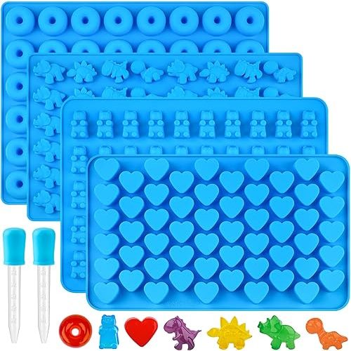 4 PCS Silicone Gummy Candy Molds, 201 Cavities Non-Stick Mini Size Gummy Bear, Dinosaur, Heart and Donut Molds with 2 Droppers for Small Hard Candies, Jello, Chocolates