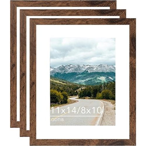 11x14 Picture Frame with 8x10 Mat Deep Brown, Display 8x10 with Mat or 11x14 Without Mat, Wood 11 by 14 Photo Frame, 11 x 14 Frame for Wall Hanging Display, Deep Brown, 3 Pack
