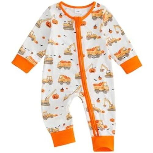 Infant Baby Girl Boy Halloween Outfit Newborn Long Sleeve Zipper Truck Pumpkin Ghost Romper Jumpsuit Fall Clothes