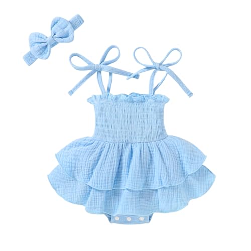 YOUNGER TREE Baby Girl Clothes Infant Summer Romper Dress Sleeveless Outfit | Cute Toddler Jumpsuit with Headband, Smocked Photoshoot Outfits, Adjustable Straps, Snap Closure