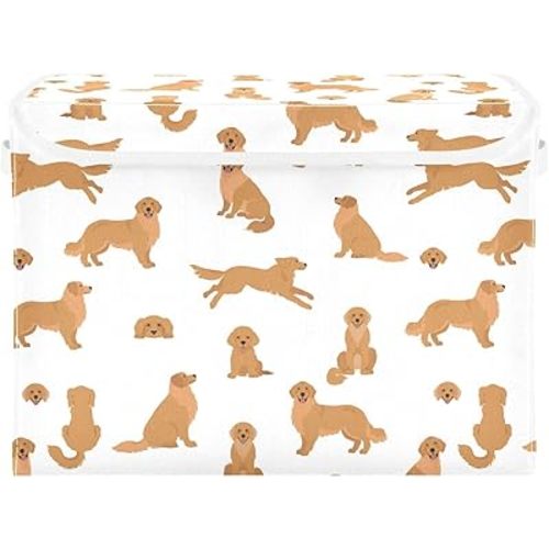 Gredecor Dog Pattern Storage Basket Bins with Lid Golden Retriever Dogs Puppy Storage Boxes Organizer with Handle 16.5"x12.6"x11.8" Large Collapsible Storage Cube for Toys Bedroom Nursery Home