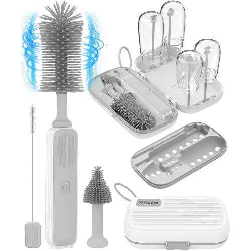 Electric Baby Bottle Brush Cleaner for Travel – BPA-Free Silicone, One-Button 360° Deep Cleaning, 2000mAh Rechargeable, Portable Bottle Cleaning Kit with Storage Box for Home & On-The-Go (Grey)