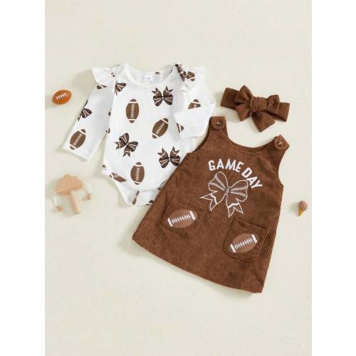 My First Game Day Baby Girl Outfit Football Ruffle Long Sleeve Romper Overall Dress Headband Cute Fall Clothes | SHEIN USA