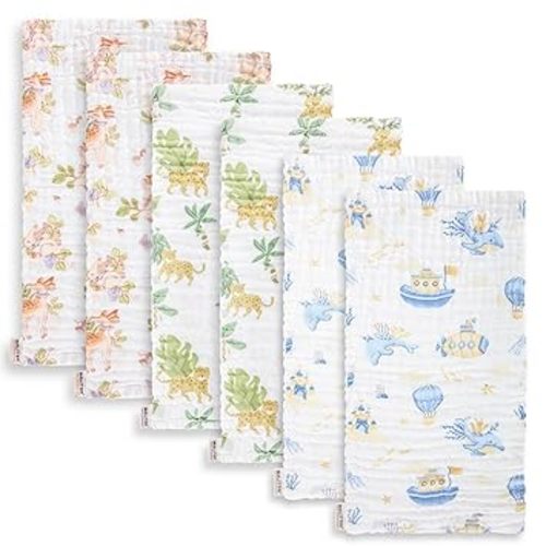 Maliton Muslin Baby Burp Cloths 6 Pack Large 20''x10'' 100% Cotton Burp Rags Absorbent and Soft 6 Layers Muslin Cloth Baby Essentials for Newborn(Animals and Cars, Pack of 6)
