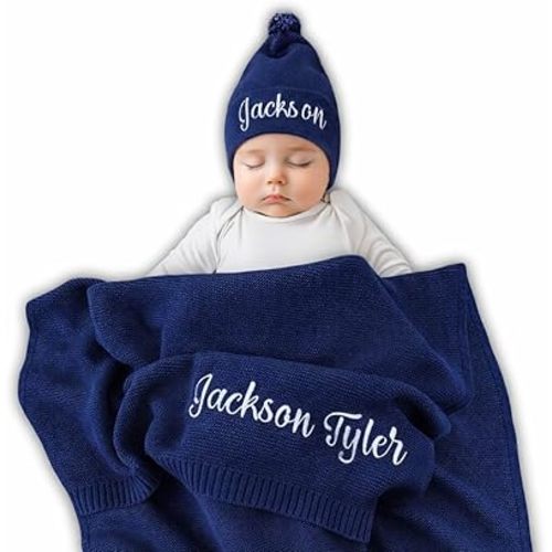 Personalized Baby Blanket, 100% GOTS Organic Certified, Customized Swaddle Blanket with Name, Receiving Blankets for Boys and Girls, Perfect Custom Gifts for Newborns, Kids and Baby Showers Navy