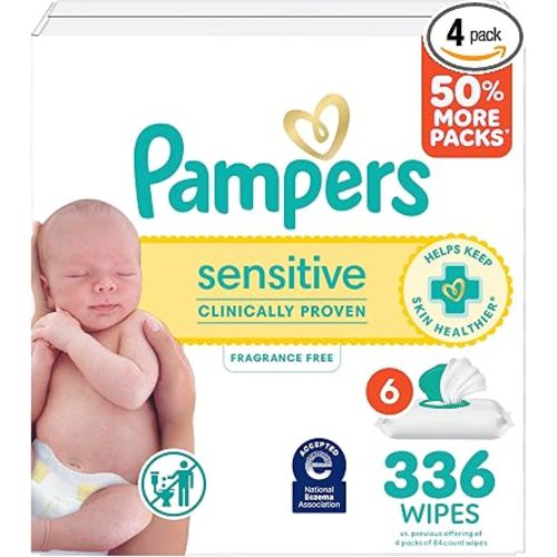 Pampers Sensitive Baby Wipes, Clinically Proven, Fragrance Free, Unscented, Water Based, Hypoallergenic, Multi-Use, Hand Wipes 336 Wipes Total (6X Flip-Top Packs) [Packaging May Vary]