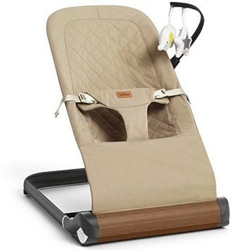 Foldable Baby Bouncer Seat - Portable Infant Bouncer with Adjustable Height, Khaki Polyester